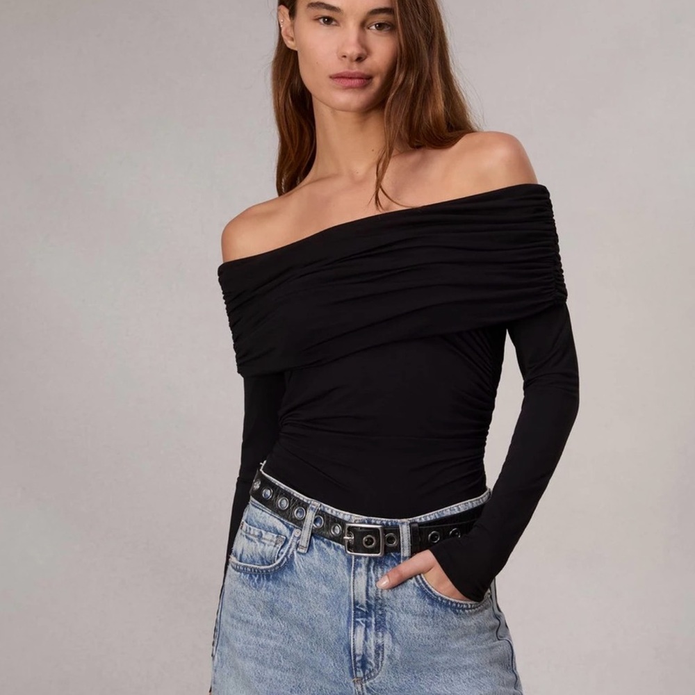 Rag & Bone Ruched Off-the-Shoulder Long Sleeve Top in Black